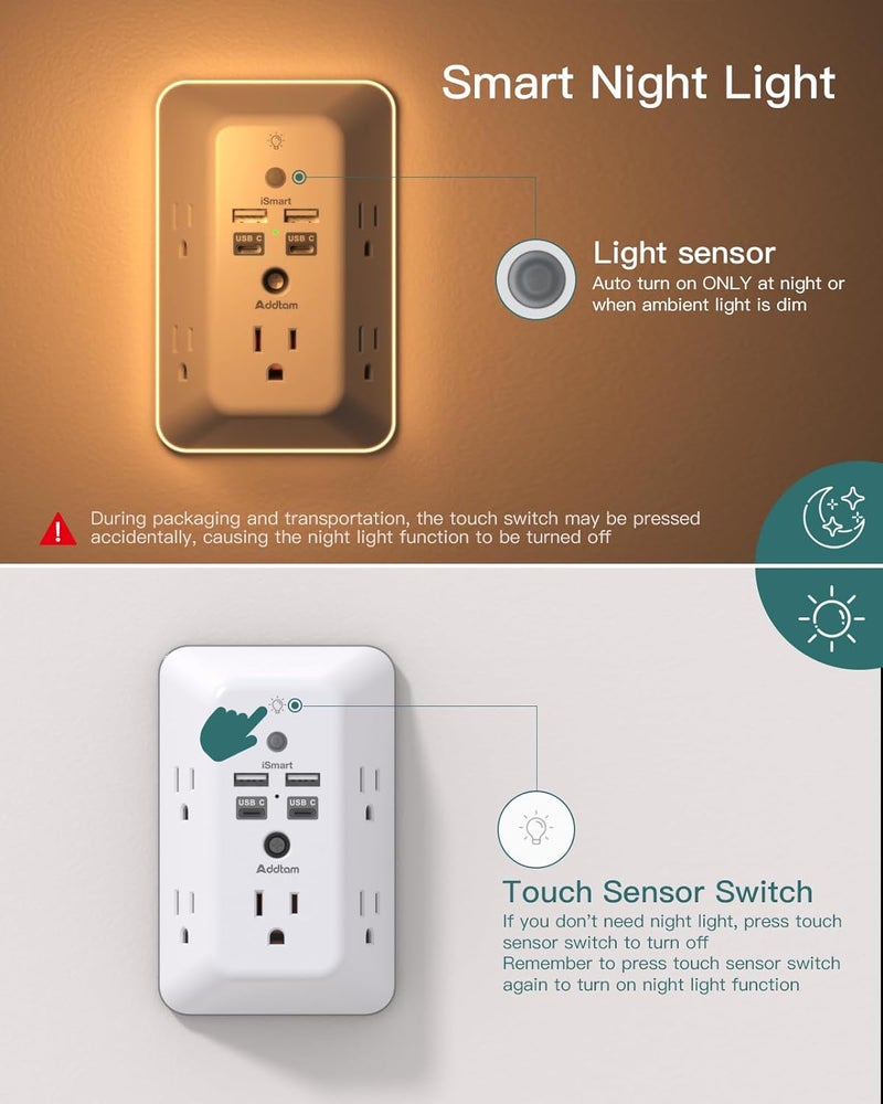 Addtam Surge Protector, Outlet Extender with Night Light, 5-Outlet Splitter and 4 USB Ports(2 USB C), USB Wall Charger Power Strip, Multi Plug Outlet for Home, Office, School, ETL Listed - Image 3